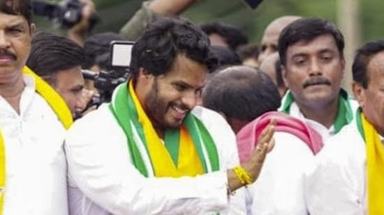 NDA candidate Nikhil Kumaraswamy at a roadshow before filing his nomination on Friday for the Channapatna bypoll. (PTI)