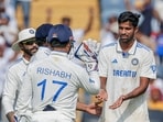 India's Washington Sundar and teammates celebrate a wicket during Day 3 of the second test match against New Zealand, at Maharashtra Cricket Association Stadium in Pune on Saturday. India's Washington Sundar and teammates celebrate a wicket during Day 3 of the second test match against New Zealand, at Maharashtra Cricket Association Stadium in Pune on Saturday.