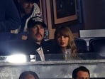 Recording artist Taylor Swift and Kansas City Chiefs tight end Travis Kelce watch game one of the ALCS for the 2024 MLB Playoffs between the New York Yankees and the Cleveland Guardians at Yankee Stadium.