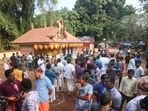 Kerala temple fire: People gather after firecrackers explosion at the Anjootambalam Veererkavu temple in Kasaragod district of Kerala on October 29, 2024.