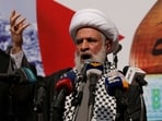 Lebanon's Hezbollah deputy leader Sheikh Naim Qassem speaks during a rally supporting Palestinians in Gaza.