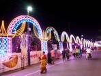 Ayodhya: An illuminated street at 'Naya Ghat' ahead of the Diwali festival Ayodhya: An illuminated street at 'Naya Ghat' ahead of the Diwali festival