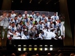 Didier Drogba with Sandy Heribert present club men team of the year to Real Madrid