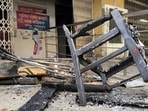 Torched furniture near the police post on the Ghaziabad court complex premises. (Sakib Ali/HT Photo) Torched furniture near the police post on the Ghaziabad court complex premises. (Sakib Ali/HT Photo)