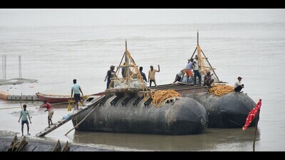 A pontoon bridge is being made ahead of the Mahakumbh 2025 in Prayagraj. A pontoon bridge is being made ahead of the Mahakumbh 2025 in Prayagraj.