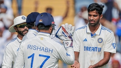 India's Washington Sundar and teammates celebrate a wicket during Day 3 of the second test match against New Zealand, at Maharashtra Cricket Association Stadium in Pune on Saturday. (Surjeet Yadav) India's Washington Sundar and teammates celebrate a wicket during Day 3 of the second test match against New Zealand, at Maharashtra Cricket Association Stadium in Pune on Saturday. (Surjeet Yadav)