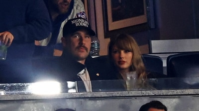 Recording artist Taylor Swift and Kansas City Chiefs tight end Travis Kelce watch game one of the ALCS for the 2024 MLB Playoffs between the New York Yankees and the Cleveland Guardians at Yankee Stadium. (USA TODAY Sports via Reuters Con)