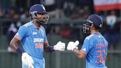 India's Ishan Kishan and Hardik Pandya, left, encourage each other during an Asia Cup cricket match. (AP) India's Ishan Kishan and Hardik Pandya, left, encourage each other during an Asia Cup cricket match. (AP)