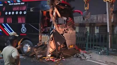 The damaged bus after it rammed into a truck near Ambala on the New Delhi-Amritsar national highway on Tuesday.