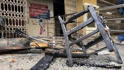 Torched furniture near the police post on the Ghaziabad court complex premises. (Sakib Ali/HT Photo) Torched furniture near the police post on the Ghaziabad court complex premises. (Sakib Ali/HT Photo)