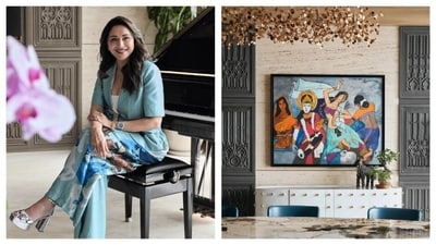 Madhuri Dixit's home features MF Husain's Dancing Women, 1995, and his other artwork. (Pics courtesy: Architectural Digest India/Talib Chitalwala) Madhuri Dixit's home features MF Husain's Dancing Women, 1995, and his other artwork. (Pics courtesy: Architectural Digest India/Talib Chitalwala)
