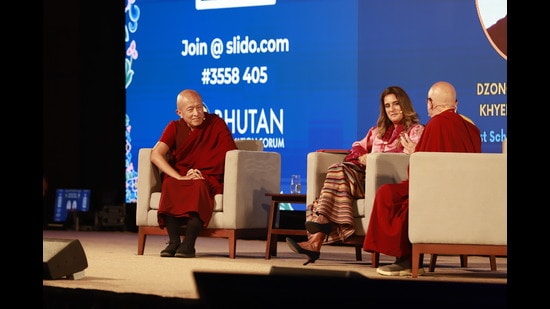 Dzongsar Jamyang Khyentse Rinpoche (left) in conversation with BBC news presenter Samantha Simmonds and Buddhist monk Matthieu Ricard at the Bhutan Innovation Forum. (Courtesy Bhutan Innovation Forum)