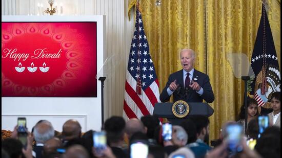 President Joe Biden speaks at a reception celebrating Diwali, in the East Room of the White House in Washington, on Monday. (AP)