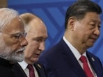 Chinese President Xi Jinping, Russian President Vladimir Putin and Indian Prime Minister Narendra Modi before a plenary session of the BRICS 2024 Summit in Kazan (via REUTERS)