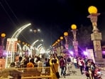 A street decorated ahead of Ayodhya Deepotsav celebrations, in Ayodhya on Tuesday. A street decorated ahead of Ayodhya Deepotsav celebrations, in Ayodhya on Tuesday.