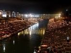 The majestic Ram ki Paidi lit up during Deepotsav in Ayodhya. (Deepak Gupta/HT)