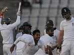 Mehidy Hasan Miraz (C) celebrates with team-mates after scalping England’s last wicket to complete a historic win at the Shere Bangla National Cricket Stadium in Dhaka.