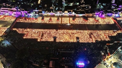 Lakhs of diyas illuminated along the banks of the Saryu River in Ayodhya as part of the grand Deepotsav celebrations, in Ayodhya on Wednesday. (ANI Photo) (Yogi Adityanath-X) Lakhs of diyas illuminated along the banks of the Saryu River in Ayodhya as part of the grand Deepotsav celebrations, in Ayodhya on Wednesday. (ANI Photo) (Yogi Adityanath-X)