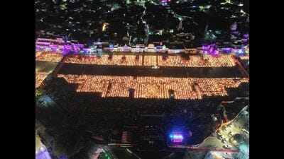 An aerial view of banks of the Saryu river illuminated with ‘diyas’ (earthen lamps) during ‘Deepotsav 2024’ celebration on the eve of the Diwali festival, in Ayodhya. (PTI) An aerial view of banks of the Saryu river illuminated with ‘diyas’ (earthen lamps) during ‘Deepotsav 2024’ celebration on the eve of the Diwali festival, in Ayodhya. (PTI)