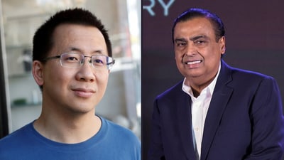 ByteDance founder Zhang Yiming (L) and Reliance Industries Chairman Mukesh Ambani (R).