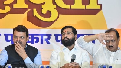 Maharashtra Chief Minister Eknath Shinde (C), state Deputy Chief Ministers Devendra Fadnavis (L) and Ajit Pawar during a press conference, in Mumbai. (File) (ANI) Maharashtra Chief Minister Eknath Shinde (C), state Deputy Chief Ministers Devendra Fadnavis (L) and Ajit Pawar during a press conference, in Mumbai. (File) (ANI)