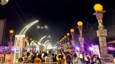 A street decorated ahead of Ayodhya Deepotsav celebrations, in Ayodhya on Tuesday. (PTI) A street decorated ahead of Ayodhya Deepotsav celebrations, in Ayodhya on Tuesday. (PTI)