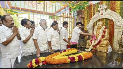 Tamil Nadu chief minister MK Stalin pays tribute to Pasumpon Muthuramalingam Thevar on his birth anniversary in Ramanathapuram district. (PTI) Tamil Nadu chief minister MK Stalin pays tribute to Pasumpon Muthuramalingam Thevar on his birth anniversary in Ramanathapuram district. (PTI)