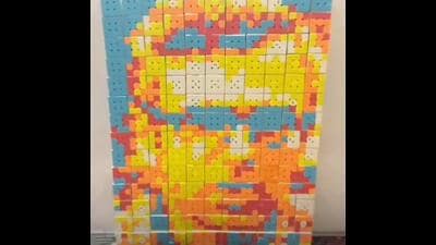 Three siblings from Kashmir are making waves on social media with their portrait of Jammu and Kashmir chief minister Omar Abdullah made with Rubik’s Cubes. (PTI Photo) Three siblings from Kashmir are making waves on social media with their portrait of Jammu and Kashmir chief minister Omar Abdullah made with Rubik’s Cubes. (PTI Photo)