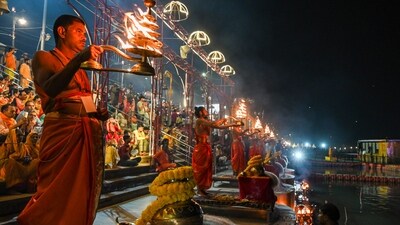 Arti of the River Saryu being performed ahead of the Diwali festival. The event this year holds special significance since this is the first Deepotsav since the consecration of the Ram Lalla idol at the temple. (PTI) Arti of the River Saryu being performed ahead of the Diwali festival. The event this year holds special significance since this is the first Deepotsav since the consecration of the Ram Lalla idol at the temple. (PTI)