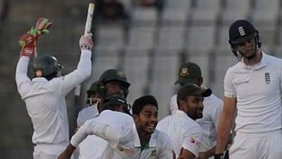 Mehidy Hasan Miraz (C) celebrates with team-mates after scalping England’s last wicket to complete a historic win at the Shere Bangla National Cricket Stadium in Dhaka. (File Photo) Mehidy Hasan Miraz (C) celebrates with team-mates after scalping England’s last wicket to complete a historic win at the Shere Bangla National Cricket Stadium in Dhaka. (File Photo)