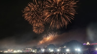 Fireworks light up Ayodhya's sky during Deepotsav in Ayodhya. (Deepak Gupta/HT) Fireworks light up Ayodhya's sky during Deepotsav in Ayodhya. (Deepak Gupta/HT)