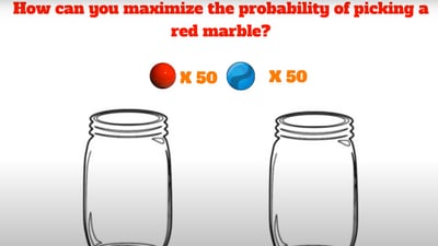 The puzzle asks you to rearrange red and blue marbles in two jars to increase the probability of picking red marbles. (YouTube/@ThePuzzlr)