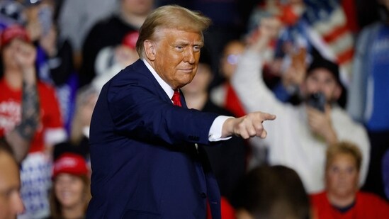 Republican presidential nominee, former President Donald Trump points at a campaign rally at The PPL Center on October 29, 2024 in Allentown, Pennsylvania. (Getty Images via AFP)