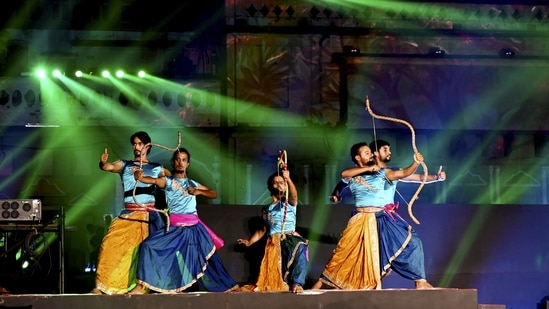 Ayodhya: Artists perform at 'Ram ki Paidi' as part of Ayodhya Deepotsav celebrations, in Ayodhya.(PTI)