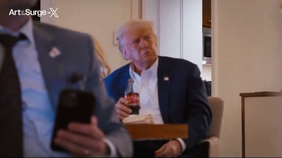 Former US President Donald Trump watching Vice President Kamala Harris' DNC speech in August. (X (Art of the Surge))
