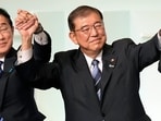 Shigeru Ishiba celebrates after his election as the new head of Japan's ruling Liberal Democratic Party on Friday (AP Photo/Hiro Komae, Pool)(AP)