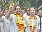 Congress candidate Zeeshan Siddique along with father former MLA Baba Siddique celebrates after he won against Mumbai Mayor and Shiv Sena candidate Vishwanath Mahadeshwar at Bandar east Bandra east in Mumbai, India, on Thursday, October 24, 2019.