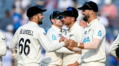 New Zealand's Tom Blundell (L), captain Tom Latham (2L), Mitchell Santner (2R) and Daryl Mitchell celebrate after their win against India at the end of the third day of their second Test (AFP) New Zealand's Tom Blundell (L), captain Tom Latham (2L), Mitchell Santner (2R) and Daryl Mitchell celebrate after their win against India at the end of the third day of their second Test (AFP)