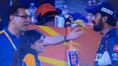 Sanjiv Goenka and KL Rahul in an animated chat. ((X Images))