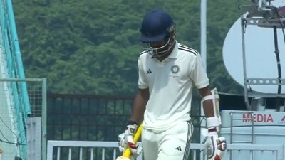 Abhimanyu Easwaran walks off after his dismissal. Abhimanyu Easwaran walks off after his dismissal.