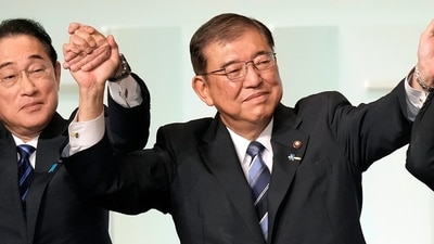 Shigeru Ishiba celebrates after his election as the new head of Japan's ruling Liberal Democratic Party on Friday (AP Photo/Hiro Komae, Pool) (AP) Shigeru Ishiba celebrates after his election as the new head of Japan's ruling Liberal Democratic Party on Friday (AP Photo/Hiro Komae, Pool) (AP)