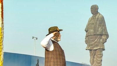 Kevadia: Prime Minister Narendra Modi takes salute of the Ekta Diwas Parade at the Statue of Unity on the occasion Sardar Vallabhbhai Patel's birth anniversary, in Kevadia, Thursday, Oct. 31, 2024. (PTI) Kevadia: Prime Minister Narendra Modi takes salute of the Ekta Diwas Parade at the Statue of Unity on the occasion Sardar Vallabhbhai Patel's birth anniversary, in Kevadia, Thursday, Oct. 31, 2024. (PTI)