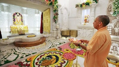 Uttar Pradesh chief minister Yogi Adityanath offers prayer at the Ram Temple in Ayodhya. (PTI Photo) (PTI) Uttar Pradesh chief minister Yogi Adityanath offers prayer at the Ram Temple in Ayodhya. (PTI Photo) (PTI)