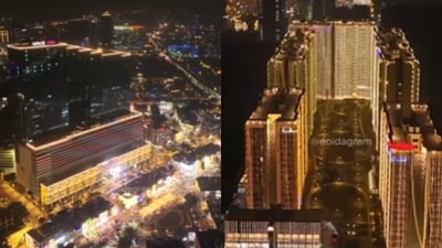 Aerial video of Diwali-lit Noida went viral, capturing the city’s dazzling skyline from above. (Instagram/noidagram) Aerial video of Diwali-lit Noida went viral, capturing the city’s dazzling skyline from above. (Instagram/noidagram)