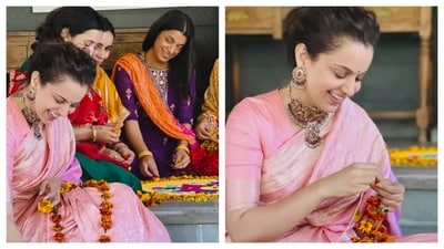 Kangana Ranaut celebrated Diwali at her home in Manali. She wore a beautiful pink saree and made rangolis with her family. Kangana Ranaut celebrated Diwali at her home in Manali. She wore a beautiful pink saree and made rangolis with her family.