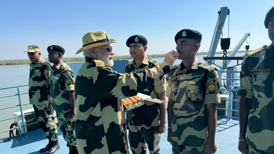 Prime Minister Narendra Modi celebrates Diwali with jawans in Kutch, Gujarat.