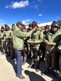 Minister of State for Defence Sanjay Seth celebrates Diwali with soldiers during a visit to Leh, Ladakh. (PTI) Minister of State for Defence Sanjay Seth celebrates Diwali with soldiers during a visit to Leh, Ladakh. (PTI)