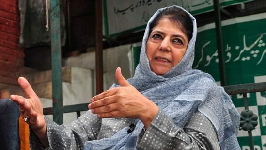 Peoples Democratic Party (PDP) President Mehbooba Mufti addresses a press conference at the party headquarters, in Srinagar. (File image) (PTI)