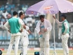 New Zealand's batters Will Young and Tom Latham at drinks break during the first day of the third Test. (PTI Photo/Kunal Patil)(PTI11_01_2024_000054A) New Zealand's batters Will Young and Tom Latham at drinks break during the first day of the third Test. (PTI Photo/Kunal Patil)(PTI11_01_2024_000054A)