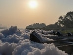Toxic foam in the Yamuna at Kalindi Kunj in New Delhi on Friday. (Sunil Ghosh/HT Photo)